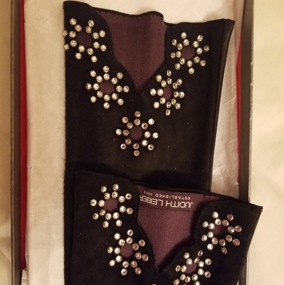 Judith Leiber Suede & Leather Gloves with Stones